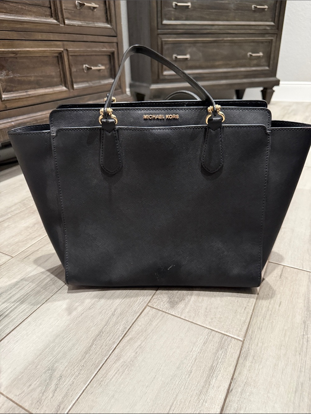 Michael Kors Black Saffiano Leather Structured Tote with Gold Hardware